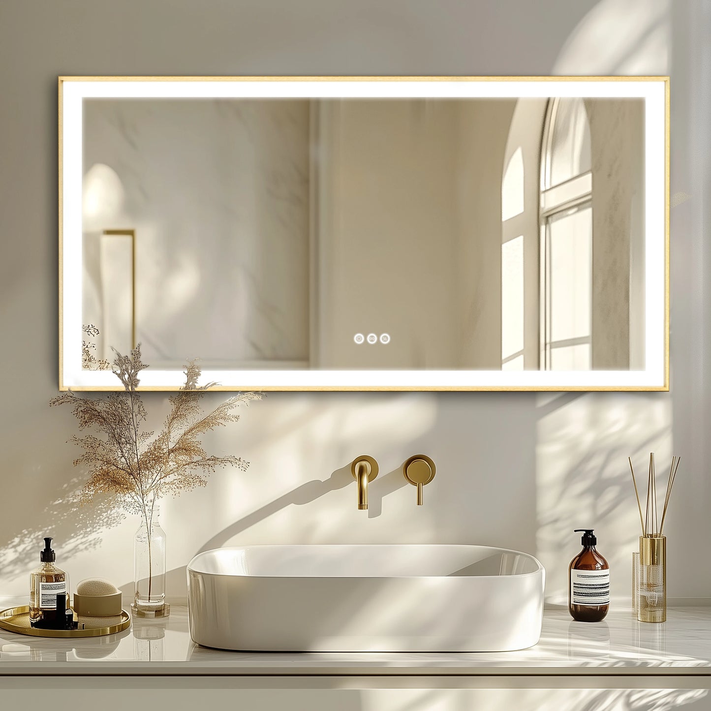 Overlength 140/151/160CM Rectangle LED Bathroom Mirror Gold Aluminum Frame Vanity MIirror Touch Defogging