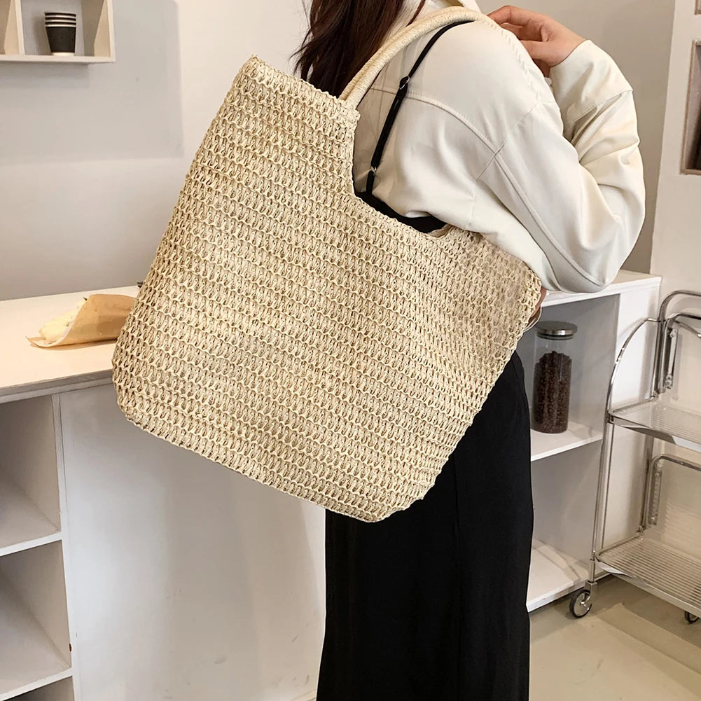 Women Straw Woven Shoulder Bag Solid Color Shoulder Summer Woven Pouch for Women Handmade Traveling Handbags Underarm Bags