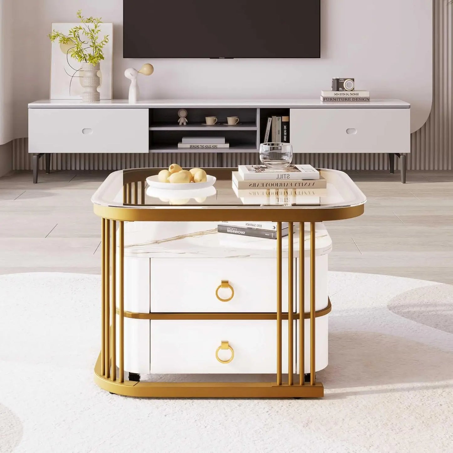 Nestable Coffee Table High-gloss Marble Exterior and Glass Tabletop Gold Decoration Side Table with Drawer Set of Two (White)