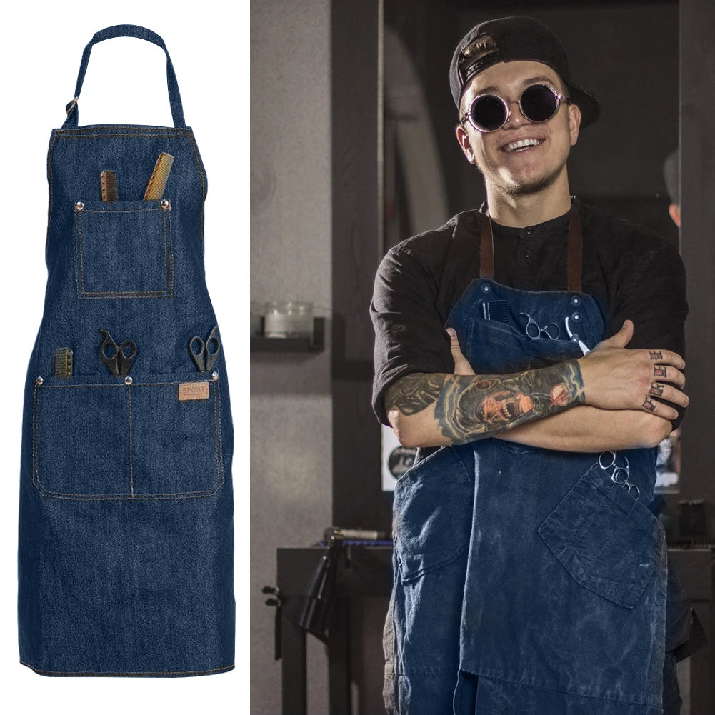 1-5PCS Barber Denim Apron Household Oil-proof Apron Adjustable Neckband Waistline Apron With Tool Pocket For Home Kitchen Barber