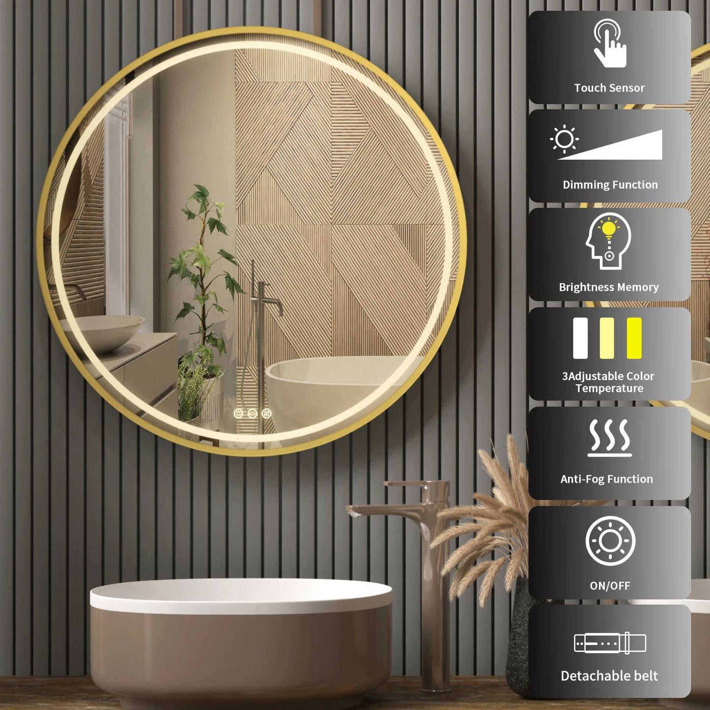 Round LED Illuminated Bathroom Mirror Hanging Wall Vanity Mirror Demister Dimmable Aluminum Fram HD Glass