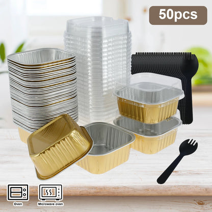 150 件 Aluminum Foil Cupcake Cups with Lids and Spoons Non-Stick Foil Baking Cups 150ml Square Ramekin Pudding Dessert Cups Heat