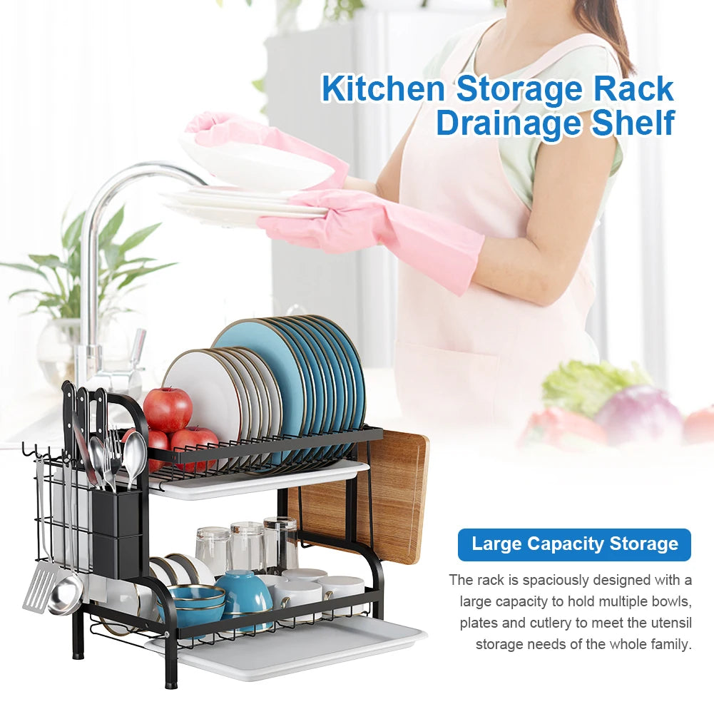 2 Tier Dish Bowl Draining Storage Rack Large Capacity Household Tray Box Basket Tableware Organizer for Small Kitchen Countertop