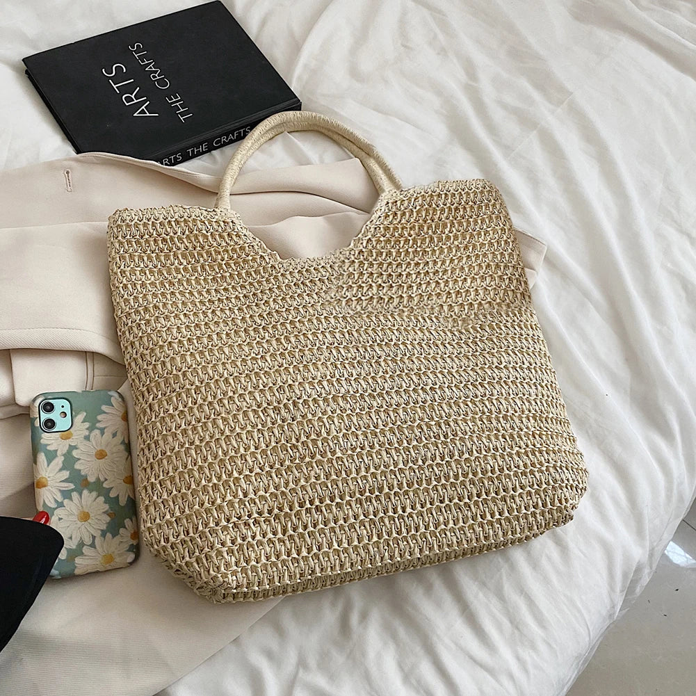 Women Straw Woven Shoulder Bag Solid Color Shoulder Summer Woven Pouch for Women Handmade Traveling Handbags Underarm Bags