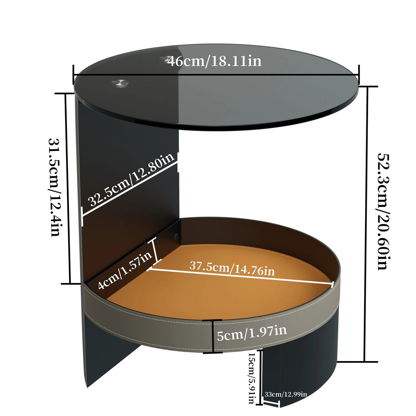 Unique 2-Tier Side End Table with Tempered Glass Top, Saddle Leather Shelf, Coffee Accent Table for Living Room and Bedroom