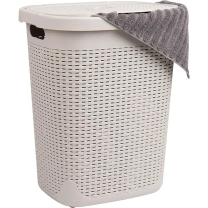 50L Slim Laundry Hamper, Clothes Basket, Lid, Wicker Design, Plastic, 17.65"L x 13.75"W x 21"H