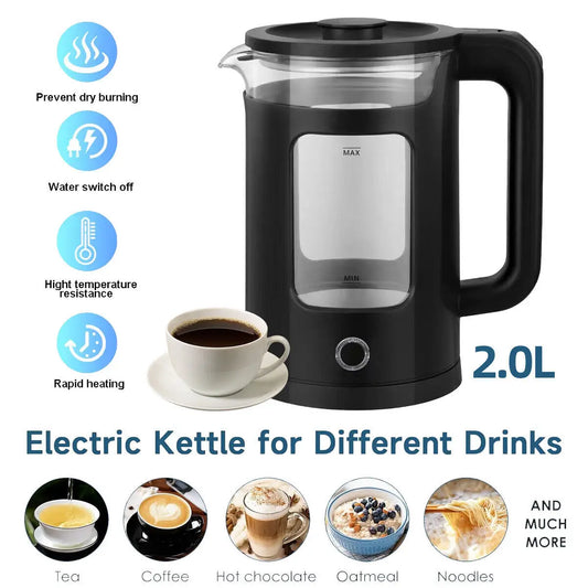 2L Electric Kettle Quick Heating Hot Water Boiling Teapot Portable Jug Overheat Protect Glass Heater Pot Boiler Auto-Power Off