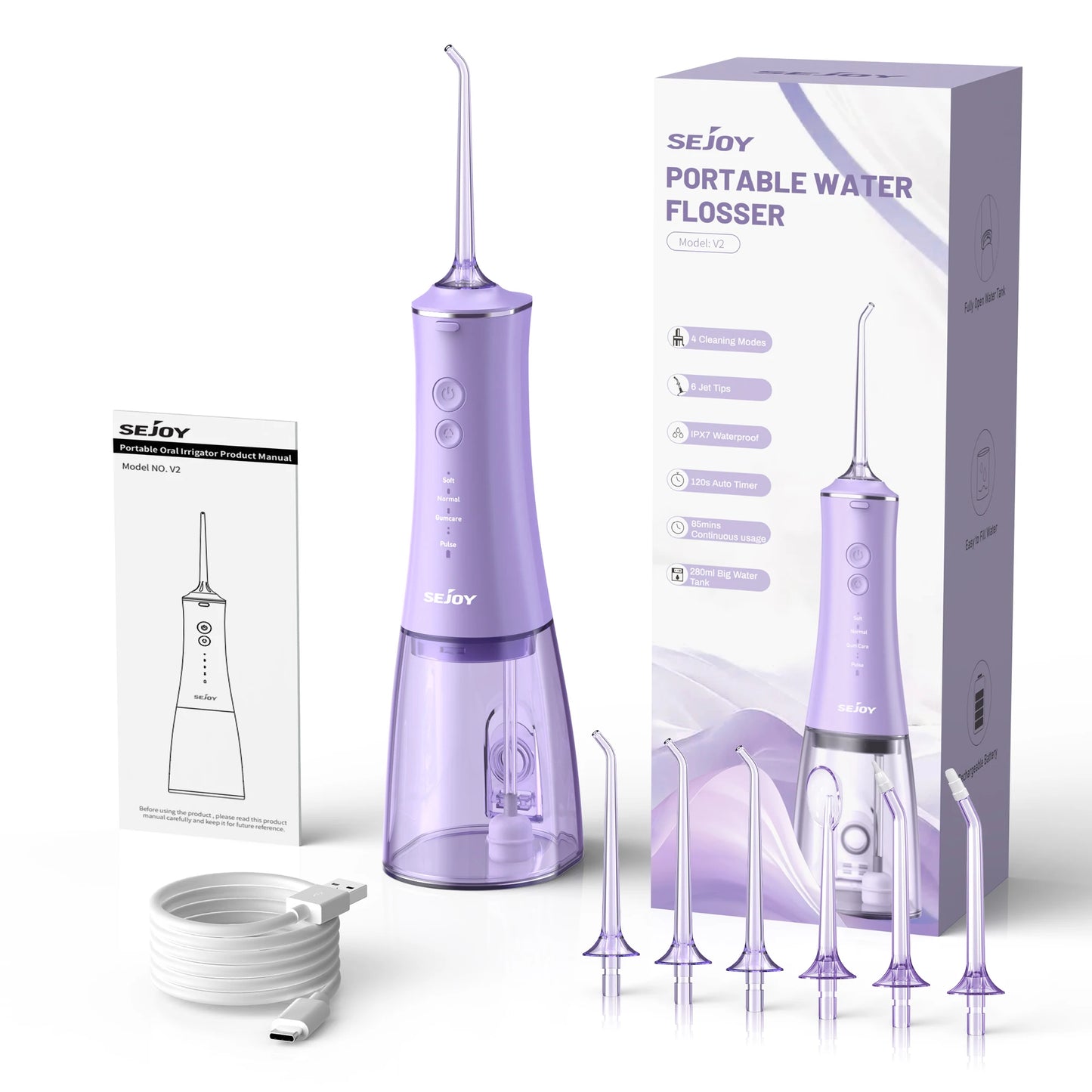 Sejoy Water Dental Flosser Portable Teeth Picks 6 Jets 4 Modes Cordless Oral Irrigator Rechargeable IPX7 Teeth Cleaner