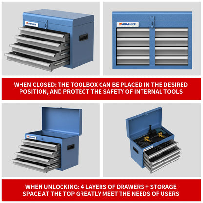 Portable Tool Box with4Drawers and Top Storage Tray,Tool Box Cabinet with Steel Safety Lock,Drawer Tool Box