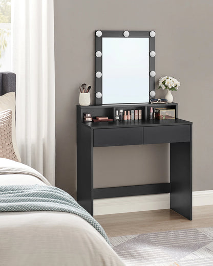 VASAGLE Dressing Table, LED Lights with Adjustable Brightness, Vanity Table with Mirror, 2 Drawers and 3 Compartments