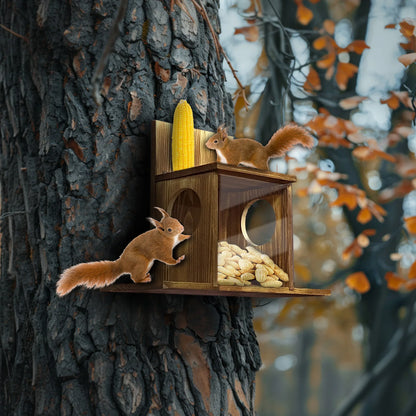 Wood Squirrel Feeder Box for Backyard Garden, Durable Wall Hanging House, Carbonized Wood, Chinchilla Feeder Box