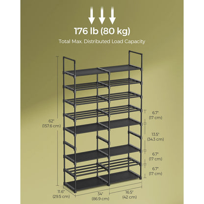 SONGMICS Adjustable Shoe Rack, 8-Tier Shoe Organiser, Shoe Storage Shelf, Steel Tubes and Non-Woven Fabric, Holds up to 32 Pairs