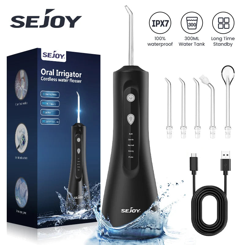 Sejoy Electric Water Flosser Tooth Clean USB Rechargeable Power Dental Irrigator 300ML Water Tank  Auto-Off 5 Cleaning Modes