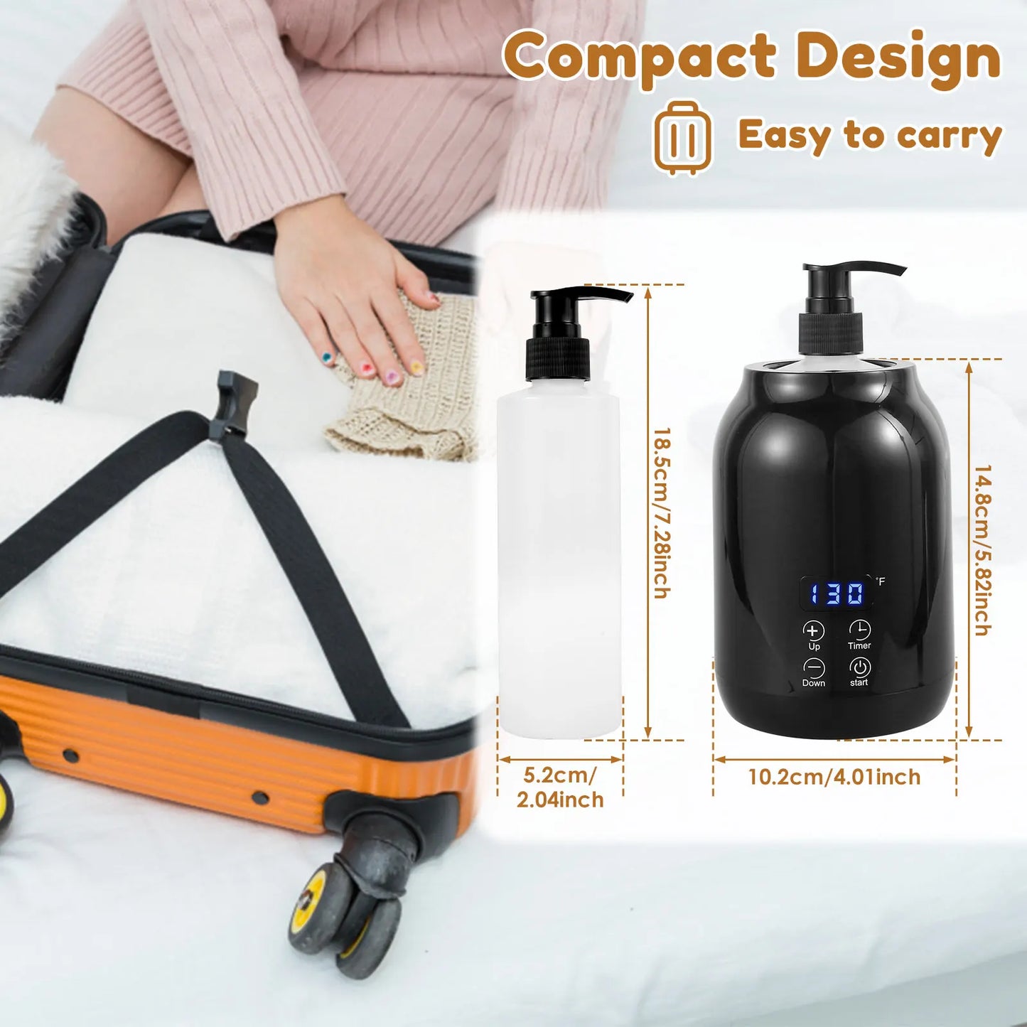 Massage Oil Warmer 30℃ to 65℃ Adjustable Lotion Bottle Warmer with 2 Oil Bottle Dispenser Smart Touch Key Electric Lotion Heater