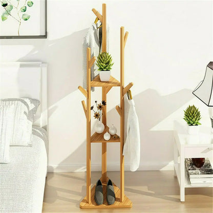 Wooden Coat and Hat Hanger Stand, Floor Standing, Clothes, Bags, Umbrella Rack, Tree Hanger, Bag Hook Holder, 10 Hooks