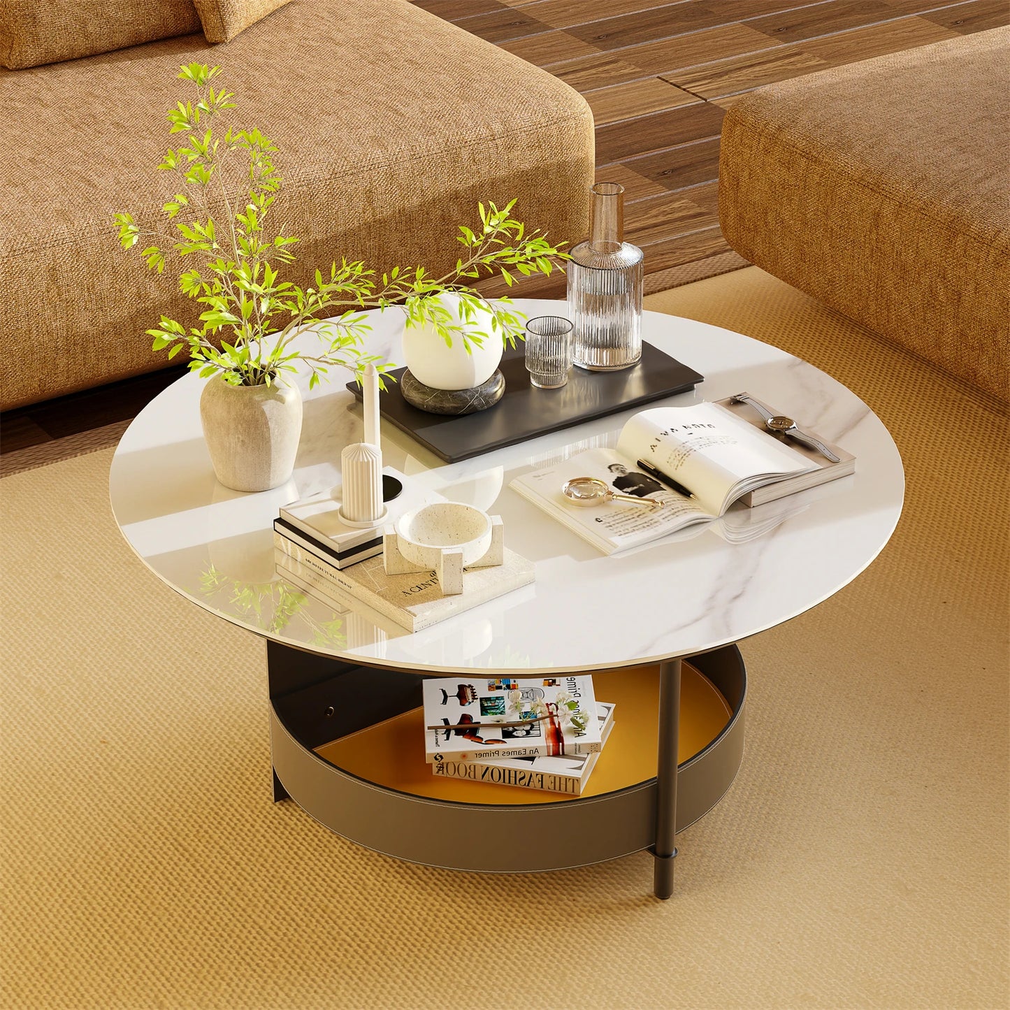 Round Coffee Side End Table with Sintered Stone-top and Microfiber Saddle Leather Storage Shelf for Living Room Bedroom