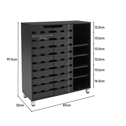 5-Tier Black Shoe Cabinet with Doors, 87cm W x 32cm D x 97.5cm H