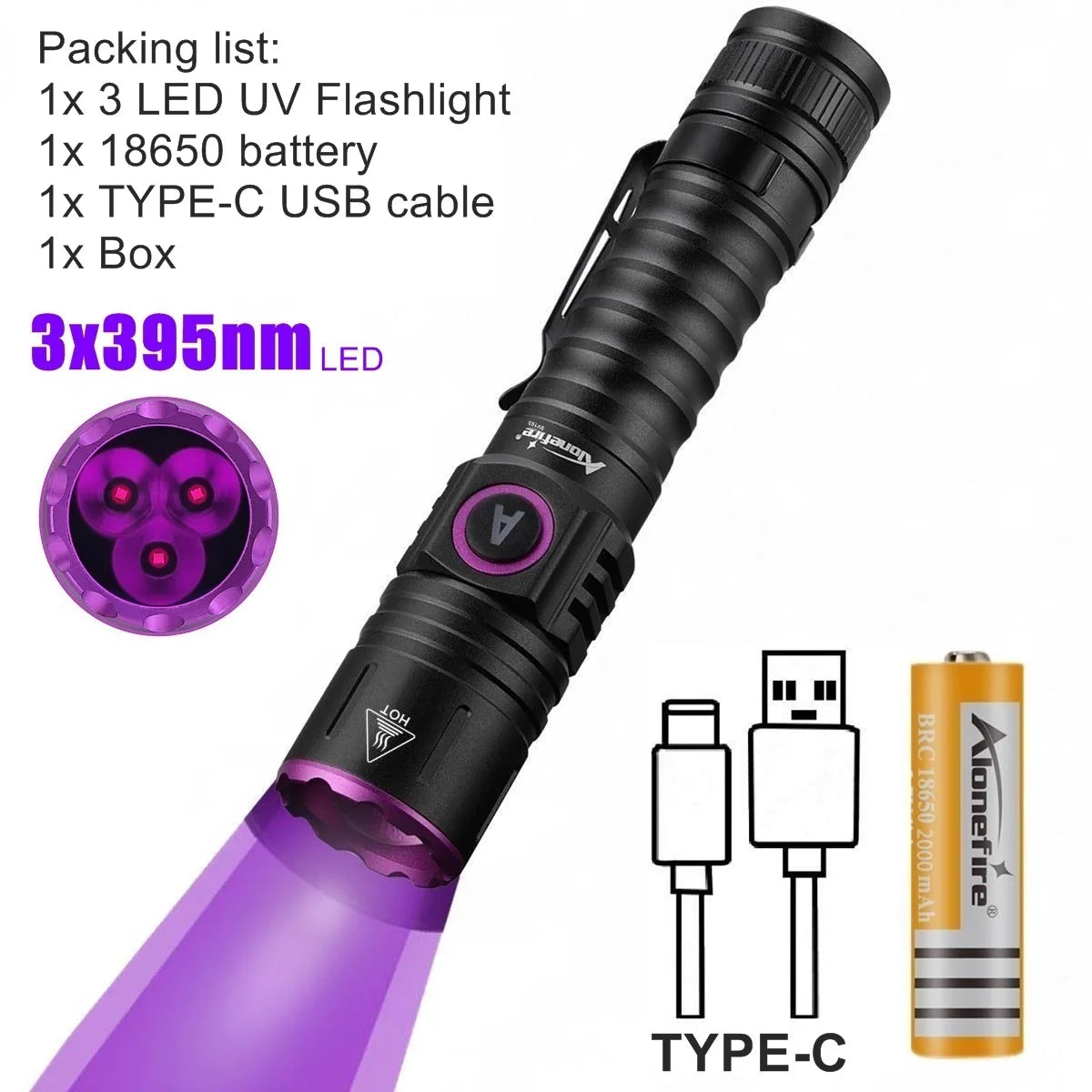 15W High power UV 395/365nm USB Rechargeable Flashlight Cat Dog Urine Tinea Ore Money Scorpion Fluorescence Marker Purple Light