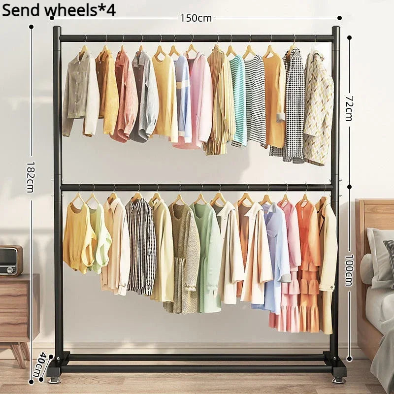 Simple Rolling Clothes Rack Double Layers Floor Standing Coat Hanger Stand Large Assembled Wardrobe Shoe Shelves Home Furniture