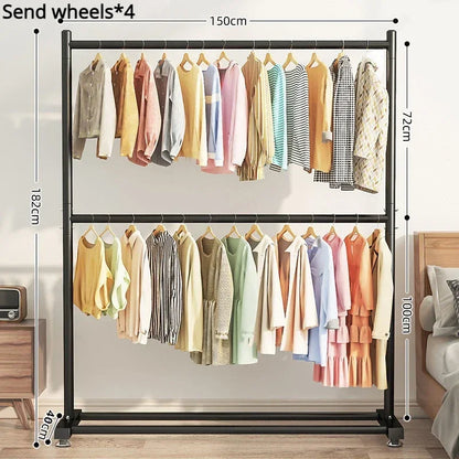 Simple Rolling Clothes Rack Double Layers Floor Standing Coat Hanger Stand Large Assembled Wardrobe Shoe Shelves Home Furniture