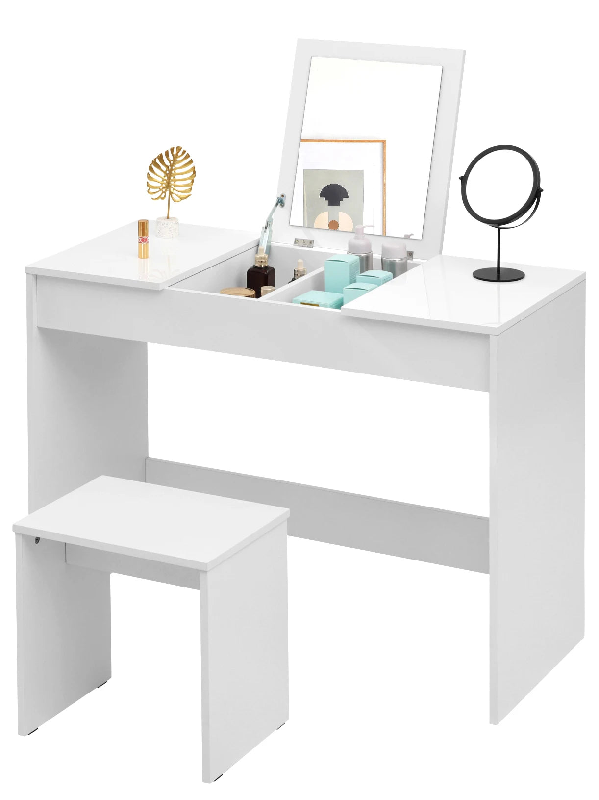 1SET White Dressing Table with Makeup Mirror Stool Vanity High Gloss Table Top Cosmetic Dresser Set for Gilrs Women Bedroom