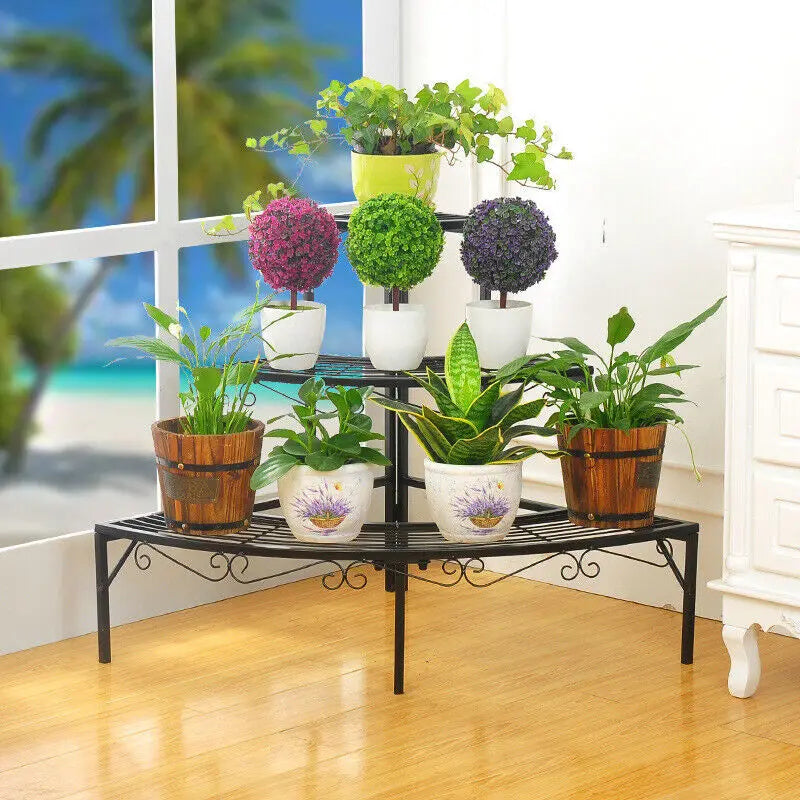 Outdoor Indoor Pot Plant Stand Garden Metal 3 Tier Quarter Round Planter Corner Shelf Display Holder