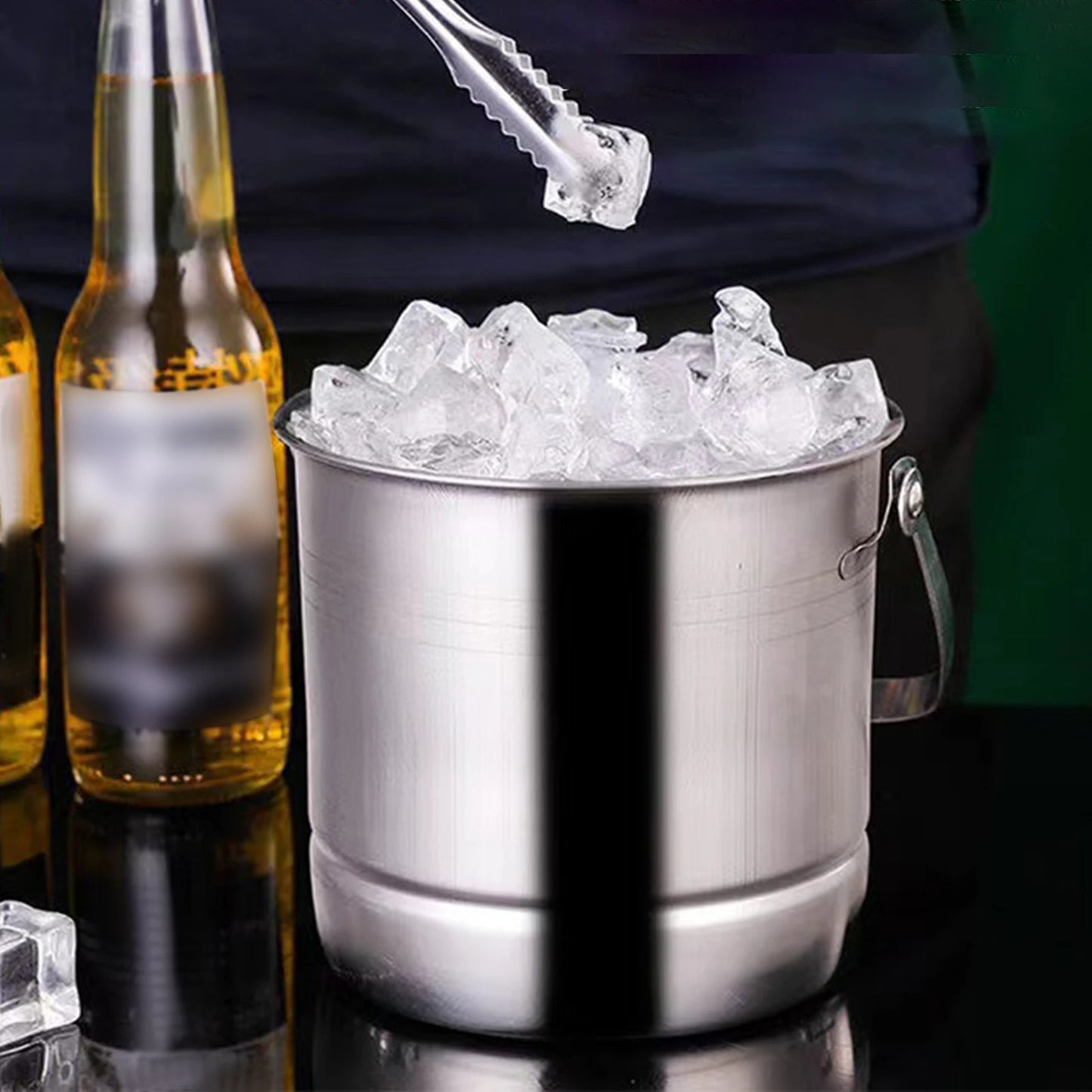 1L Stainless Steel Ice Bucket with Ice Clip 12.5cm Ice Bucket Ice Barrel with Clamp BBQ Camping Ice Cube Container for Party Bar