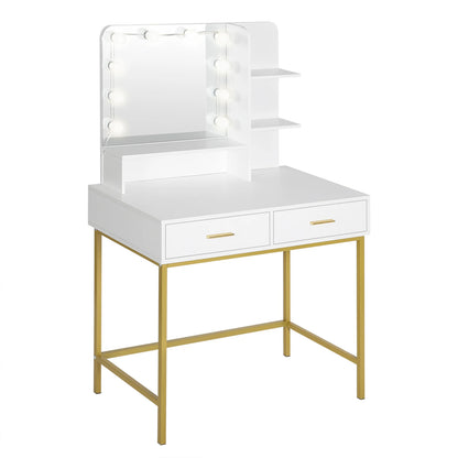 White Dressing Table with 10 LED Bulbs Mirror 2 Large Drawers Dresser Vanity Modern Cosmetic Table for Bedroom Household