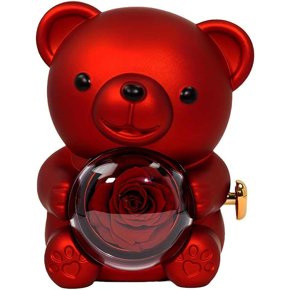 Preserved Red Rose & Cute Red Bear Box, Eternal Flower, Perfect Gift for Mom, Wife, Girlfriend, Grandma, Valentine's Day, Mother's Day, Christmas, No Jewelry, Home Decor, Plant Material, Battery-Free