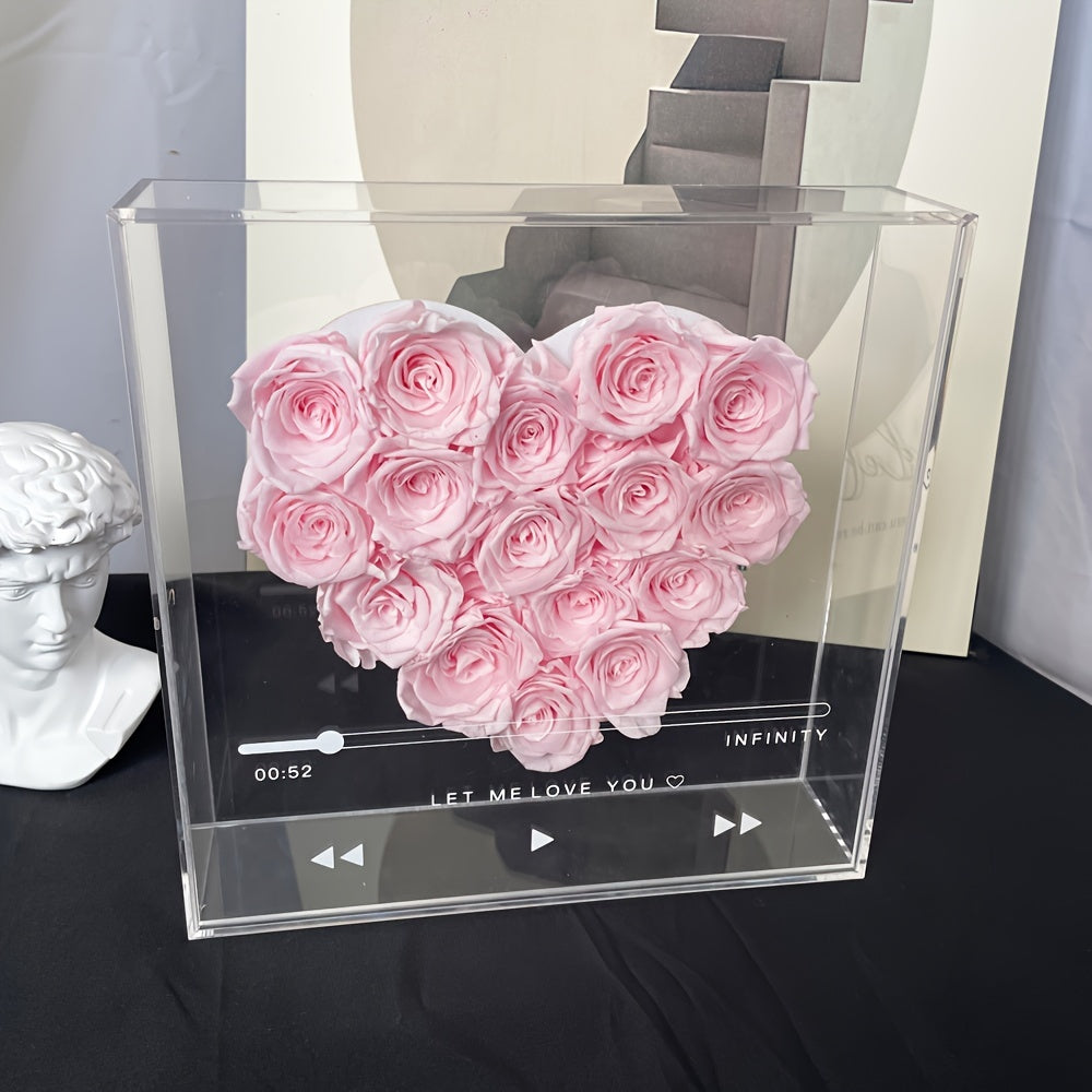 Eternal Love Heart: 16pcs Forever Flowers Box - Preserved Roses in Clear Acrylic - Perfect Gift for Her, Wife, Mom on Valentine's, Mother's Day & Birthdays