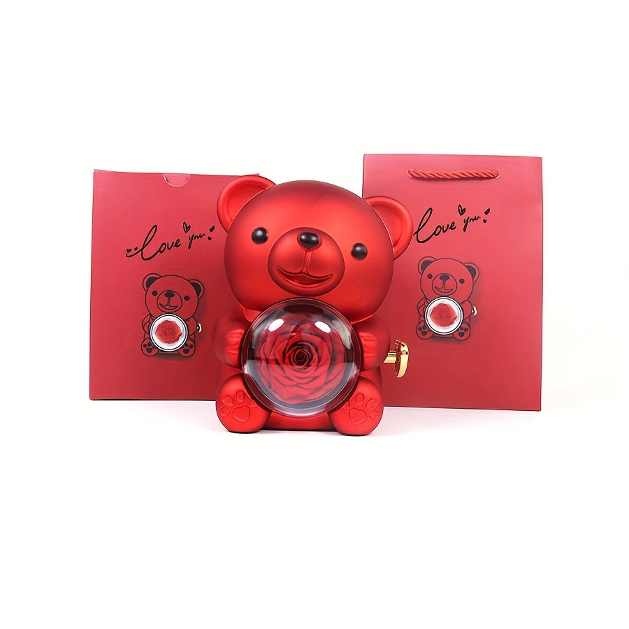 Preserved Red Rose & Cute Red Bear Box, Eternal Flower, Perfect Gift for Mom, Wife, Girlfriend, Grandma, Valentine's Day, Mother's Day, Christmas, No Jewelry, Home Decor, Plant Material, Battery-Free