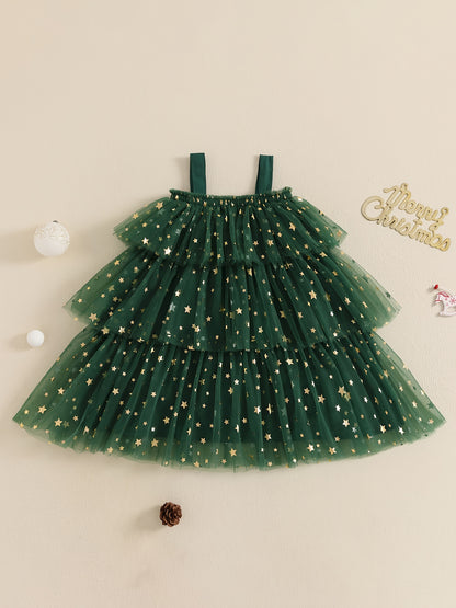 Christmas Little Girl Dress Star Print Square Neck Sleeveless Layered Tulle Dress with Plush Ball Christmas Hat