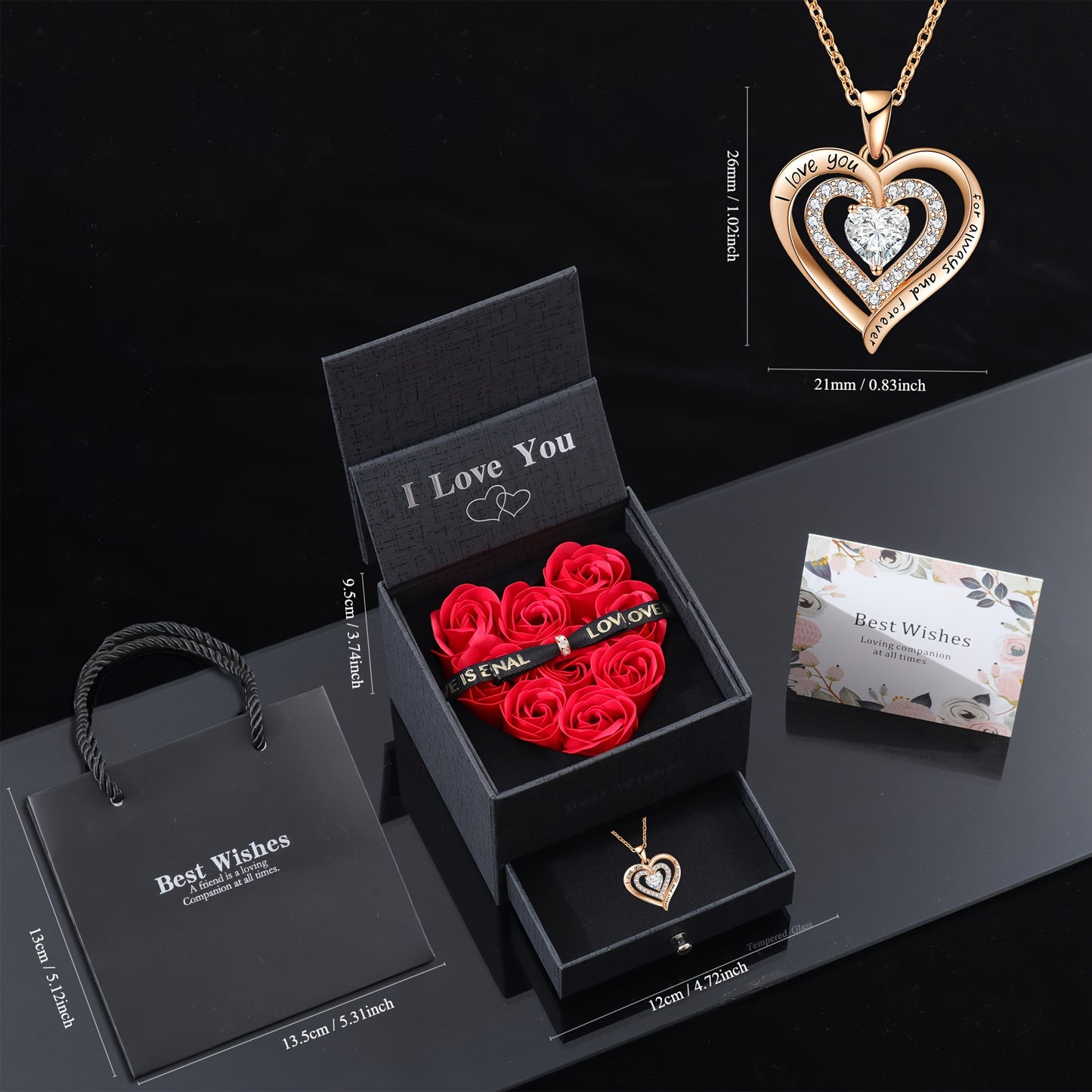 Halloween Gift Set - Eternal Rose Artificial Flowers in Heart-Shaped Box with "I Love You" Golden Heart Pendant Necklace, No Battery, No Electricity Needed - Perfect for Girlfriend, Wife, Mom, Best Friend