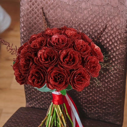 Everlasting Glitter Rose Bouquet - 12 Shiny Artificial Roses for DIY, Perfect for Valentine's Day, Anniversaries, Engagements & Weddings