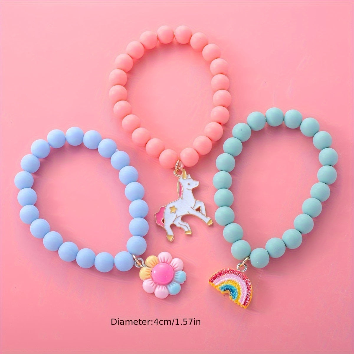 3pcs Cute Unicorn/Sunflower/Rainbow Charm Beaded Bracelets For Girls, Simple Style Daily Decorations, Holiday Gifts