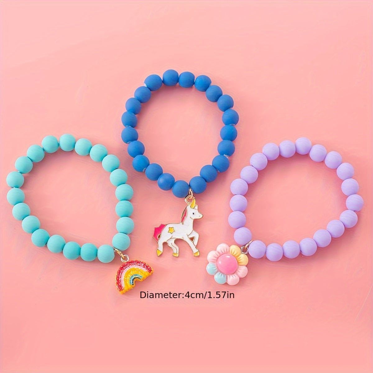 3pcs Cute Unicorn/Sunflower/Rainbow Charm Beaded Bracelets For Girls, Simple Style Daily Decorations, Holiday Gifts