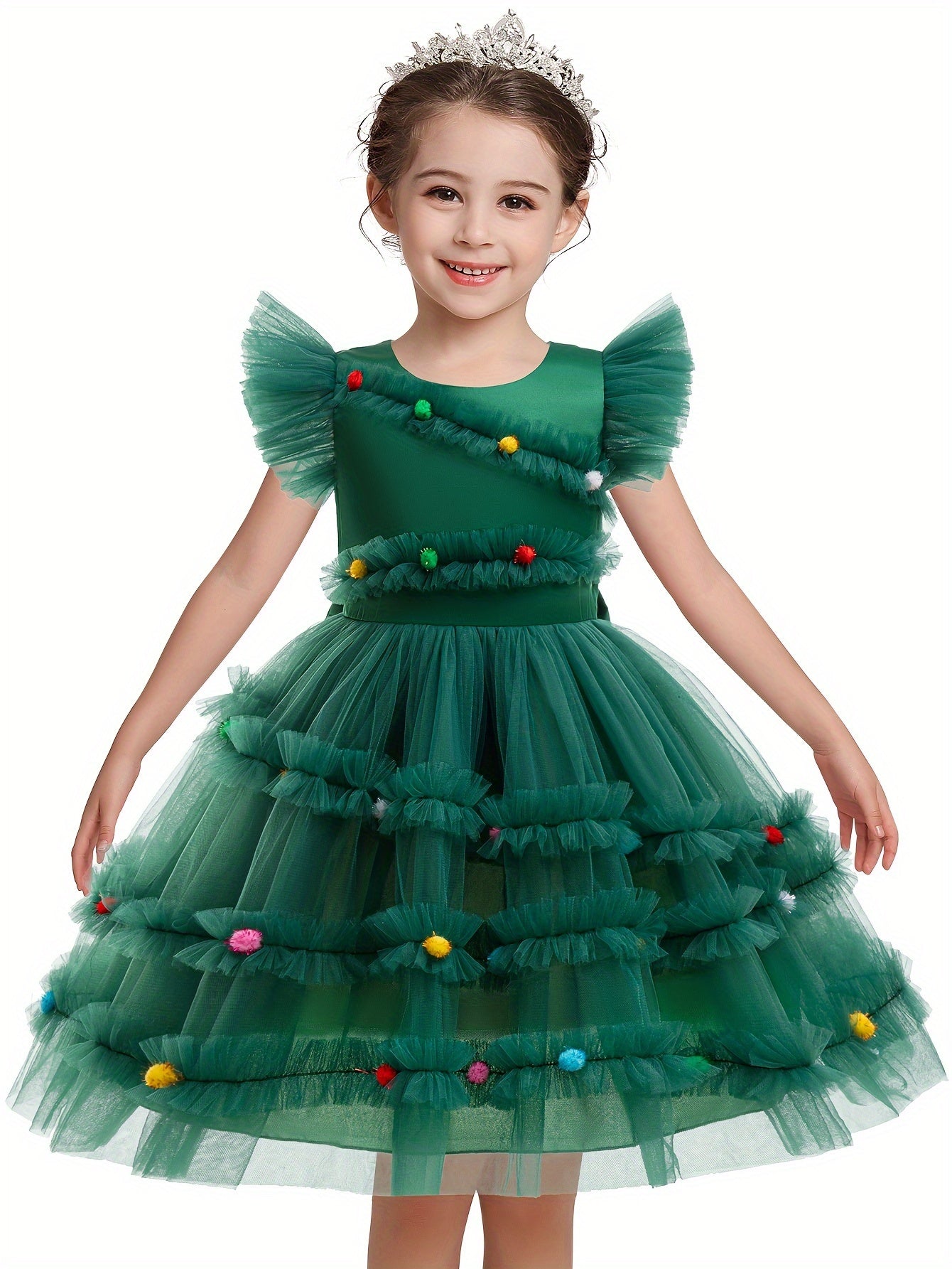 Girls' Enchanting Princess Dress with Flutter Sleeves - Perfect for Christmas & Parties, Knee-Length Tulle Tutu, 35% Cotton Blend