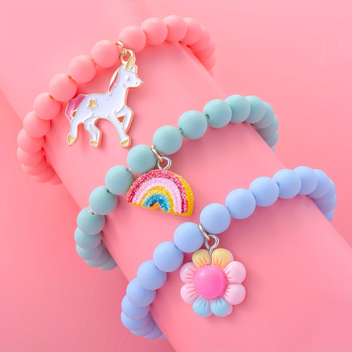 3pcs Cute Unicorn/Sunflower/Rainbow Charm Beaded Bracelets For Girls, Simple Style Daily Decorations, Holiday Gifts