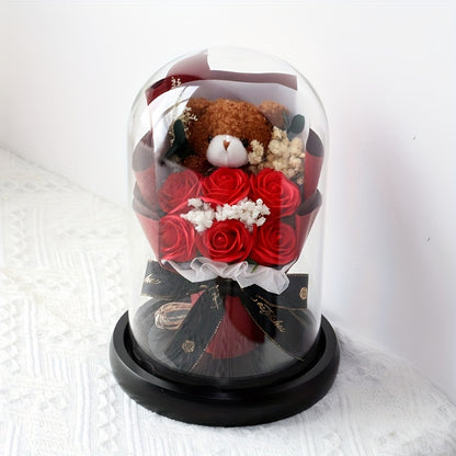 Glass Dome Bear Bouquet Artificial Roses - Tabletop Decor for Various Occasions, Ideal Gift for Birthdays, Valentine's Day, Christmas, Mother's Day, Graduation, Thanksgiving - No Electricity or Battery Needed