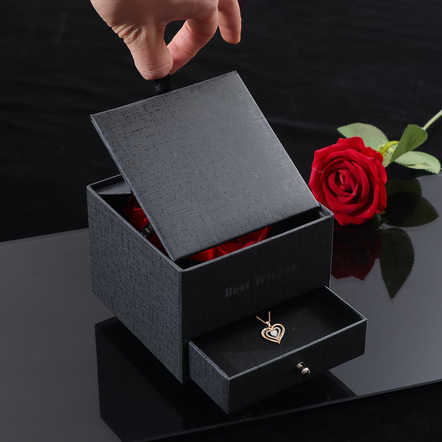 Halloween Gift Set - Eternal Rose Artificial Flowers in Heart-Shaped Box with "I Love You" Golden Heart Pendant Necklace, No Battery, No Electricity Needed - Perfect for Girlfriend, Wife, Mom, Best Friend