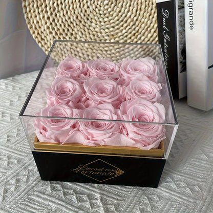 9pcs Eternal Rose Preserved Roses in a Box, Cased in White Box with Acrylic Cover - Forever Rose Box, Preserved Roses, Immortal Roses That Last A Year - Preserved Rose Flowers Decor for Delivery Prime Birthday Mothers Day Val