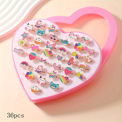 Kids Rings for Girls, 36-Piece Adjustable Princess-Themed Cartoon Cute Enamel Rings Set, Zinc Alloy, 18K Gold Plated, No Mosaic, Ages 3-14