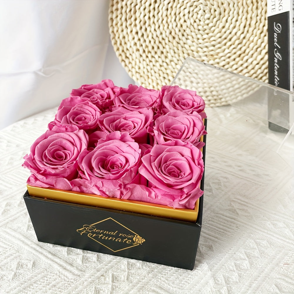 9pcs Eternal Rose Preserved Roses in a Box, Cased in White Box with Acrylic Cover - Forever Rose Box, Preserved Roses, Immortal Roses That Last A Year - Preserved Rose Flowers Decor for Delivery Prime Birthday Mothers Day Val