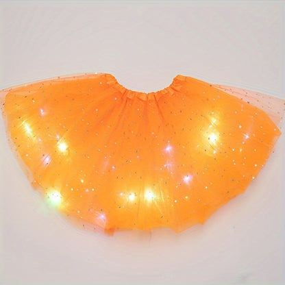 LED Light-Up Tutu Skirt for Kids, Princess Star Glitter Gauze Skirt with Button Battery, Multi-Color Illuminated Fabric Skirt for Christmas, Halloween, Birthday Party & Special Occasions