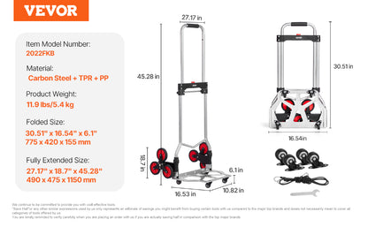 VEVOR 260lbs Folding Hand Truck with Telescoping Handle & 2 Elastic Ropes Stair Climbing Cart Dolly for Warehouse Moving