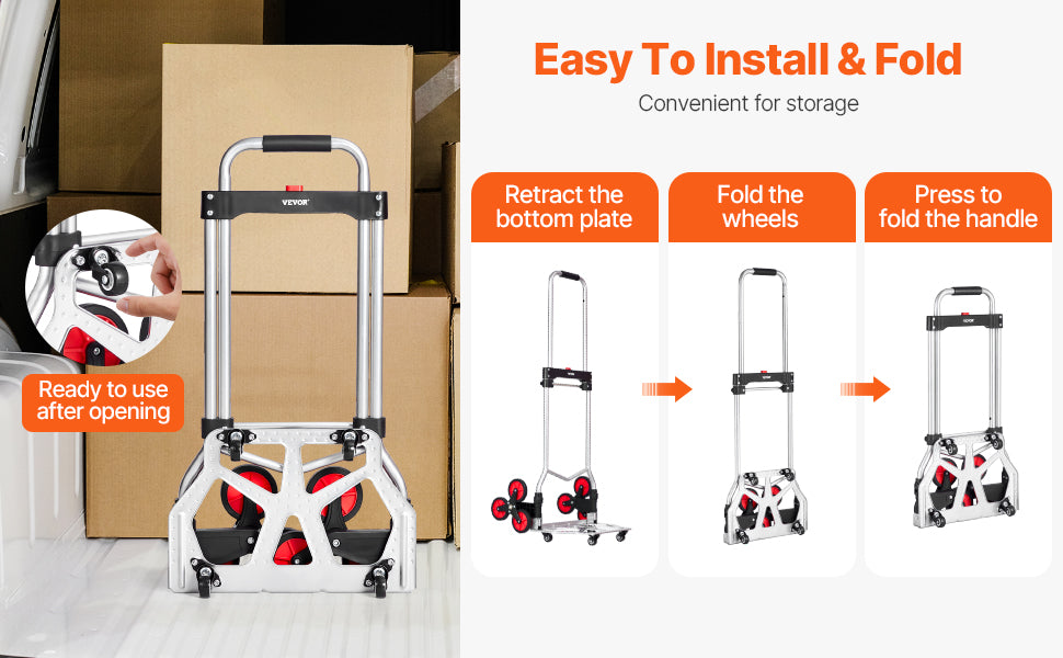 VEVOR 260lbs Folding Hand Truck with Telescoping Handle & 2 Elastic Ropes Stair Climbing Cart Dolly for Warehouse Moving