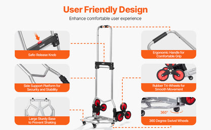 VEVOR 260lbs Folding Hand Truck with Telescoping Handle & 2 Elastic Ropes Stair Climbing Cart Dolly for Warehouse Moving