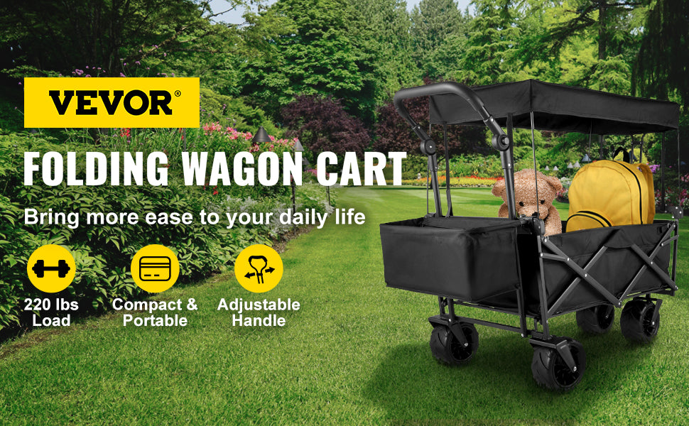 VEVOR Folding Wagon Cart W/ Adjustable Handle Bar Removable Canopy Oxford Cloth Collapsible Shopping Outdoor Camping Beach Cart