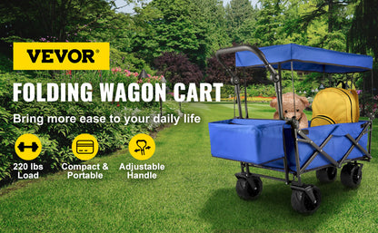 VEVOR Folding Wagon Cart W/ Adjustable Handle Bar Removable Canopy Oxford Cloth Collapsible Shopping Outdoor Camping Beach Cart