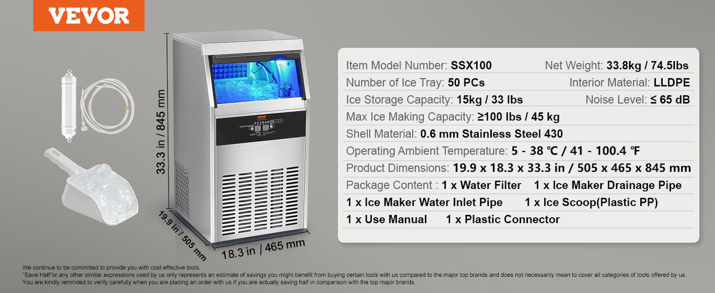 VEVOR Commercial Ice Maker 110lbs/24H 60 Ice Cubes in 12-15 Minutes  33lbs Storage Capacity LED Digital Display